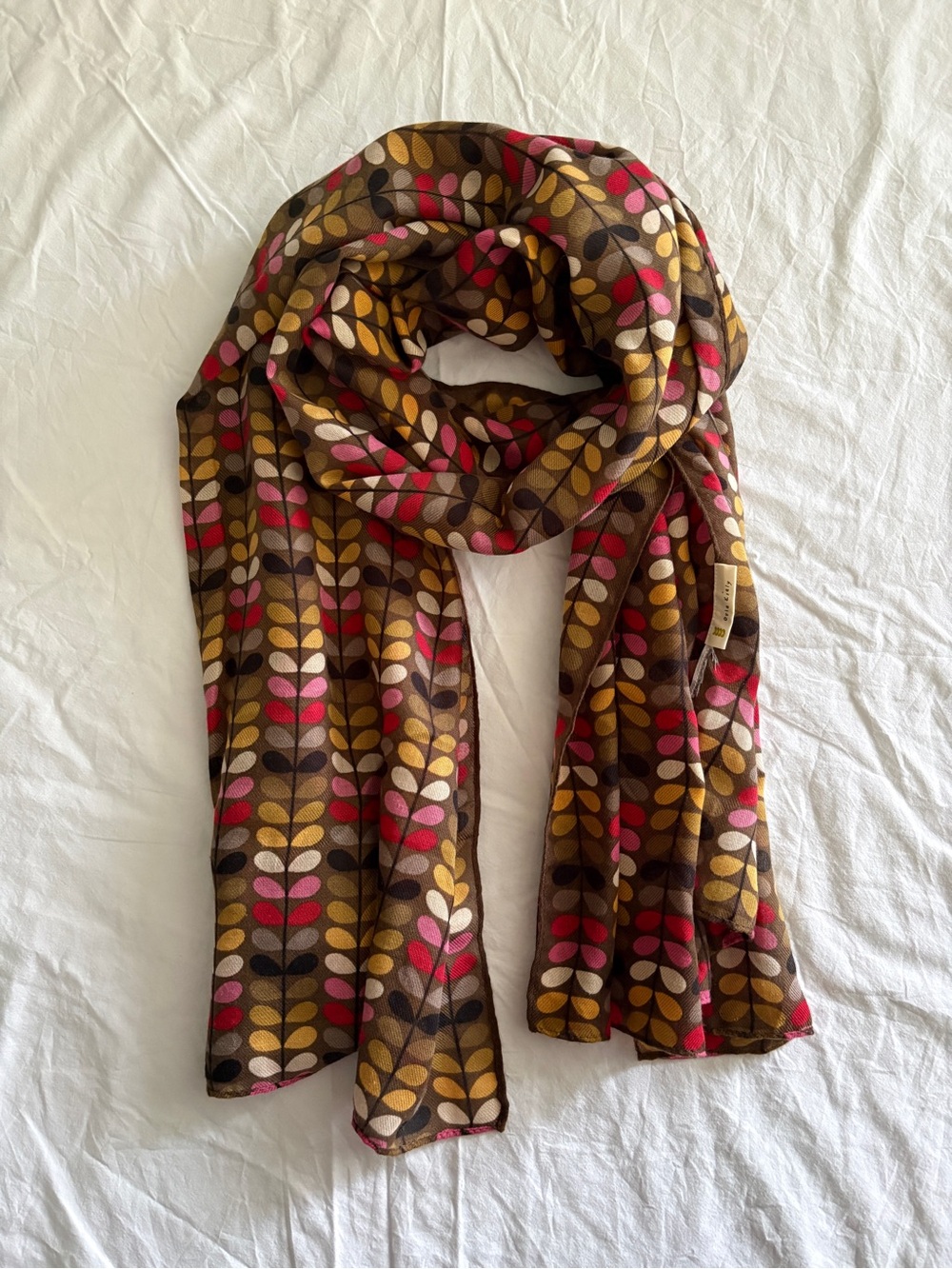 Orla Kiely x Uniqlo Brown Leaf-Print Scarf with Pink, Mustard & Cream Accents